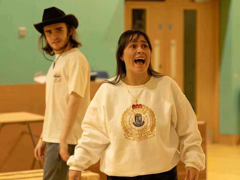 Amy Astbury as Ado Annie with Aidan McLaughlin as Will Parker in rehearsals for Oklahoma.