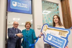 Caption: Student Niamh McAuley who is on the Open University Cyber Security course at NWRC, John D’Arcy, Director of The Open University in Ireland and Dr Catherine O’ Mullan, NWRC Director of Curriculum and Academic Standards, cut the ribbon on the Open University's new office at NWRC. (Pic Martin McKeown).