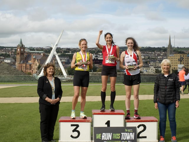 Mayor of Derry Cllr, Patricia Logue and Mags Matheson pictured with podium finishers Elaine McGuckin (third), Catherine Whoriskey (first) and Caitlin Harvey (second).