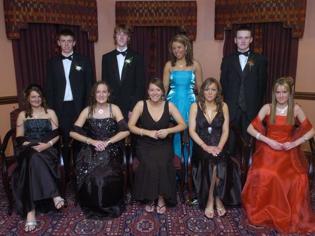 Seated, from left, Seated, from left, Siobhan McLaughlin, Maria Fullerton, Marion McCarron, Louise Doherty, and Shalane Murphy. Standing, from left, John Duffy, Dean Crumlish, Leah Waldrow, and Lee Stones. (1801PG18) : Scoil Mhuire Formal  in January 2005.