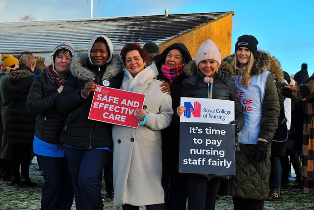 Royal College of Nurses members, campaigning for fair pay and conditions, take part in industrial action at Altnagelvin Hospital on Thursday morning.  Photo: George Sweeney. DER2250GS - 42