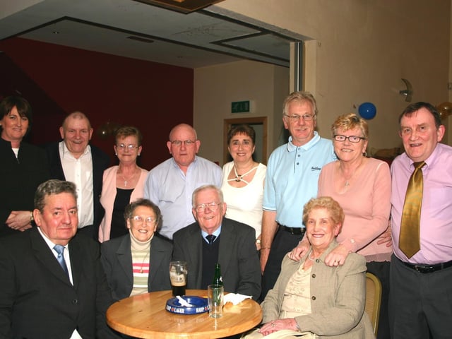 Jim and Mary McClenaghan picyured with friends at their 50th Wedding Anniversary front Jim, Marie and Pete Corbertt, Mary, back row Edele McCauley, Billy Mc Cauley, Marie McCauley, Jackie McCauley, Maureen McCauley Barney Gallagher, Greta Gallagher and Frankie McCauley. 5083dd
: McClenagan.