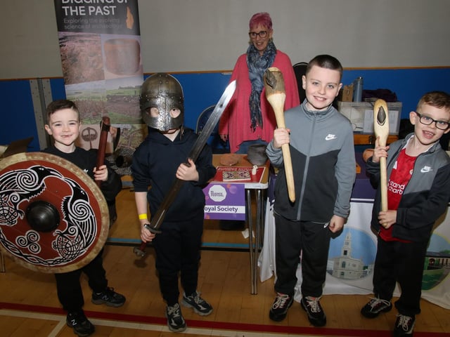 Aodhan, Noel, Conan and Callum show off the artefacts at the Digging up the Past at The Foyle Science Showcase held in The Foyle Arena. (Photo - Deirdre Heaney, nwpresspics) : Foyle Arena Science Showcase.