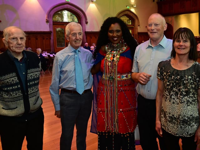 The Mayor Councillor Lilian Seenoi-Barr pictured with John F McCartney, Robert Creswell, Jennifer Maguire and George McFeely as she hosted an Afrobeat Tea dance in the Guildhall which blended traditional waltzes with a selection of upbeat tunes bringing people to their feet on the dance floor of the main hall. Picture Martin McKeown. 09.10.24