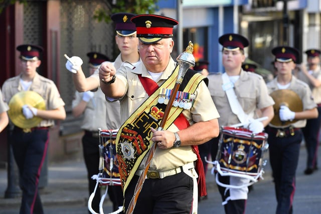 Orangemen take part in the July 12 celebrations in Derry’s city centre on Saturday morning. Photo: George Sweeney
