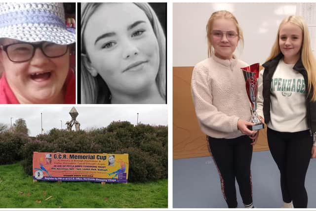 Top left: Bronagh McLaughlin and Caitlin McLaughlin R.I.P. Bottom left: The poster detailing the tournament in Galliagh. Right: Bronagh's niece Faela McLaughlin and Caitlin's sister Rua Mahon with the Championship Cup.