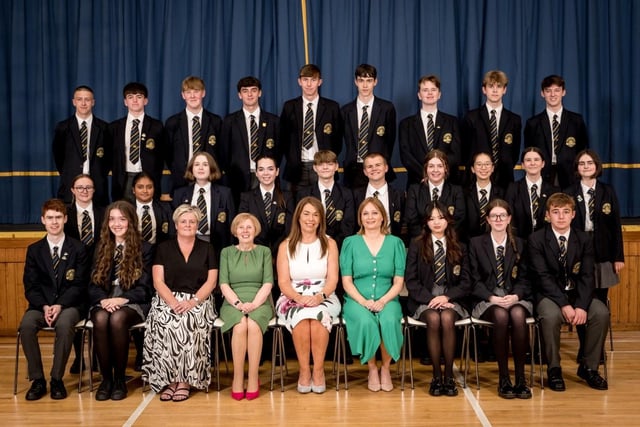 Recipients of School Ethos Awards in Year 12. Also pictured Mrs Edel Moore (Chairperson, Board of Governors), Mrs Siobhan McCauley (Principal), Ms Catherine Hughes (Head of Year), Dr Marie Ferris (Vice Principal).