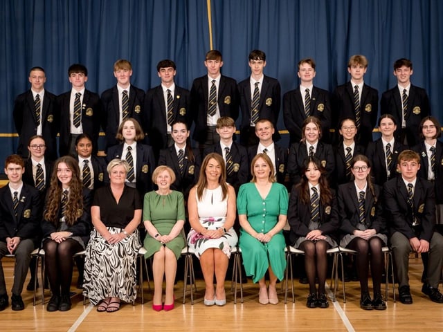 Recipients of School Ethos Awards in Year 12. Also pictured Mrs Edel Moore (Chairperson, Board of Governors), Mrs Siobhan McCauley (Principal), Ms Catherine Hughes (Head of Year), Dr Marie Ferris (Vice Principal).