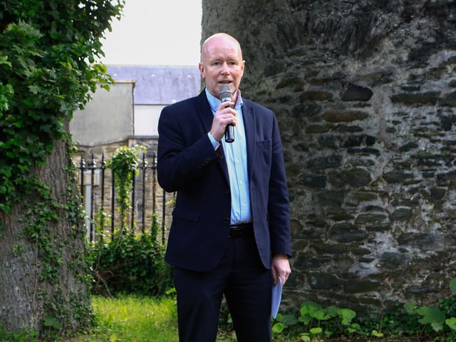 Stephen Doherty speaking at the Vespers (Evening Prayer) at Lumen Christi bell-tower as part of St Columba’s Day celebrations. (Photo - Tom Heaney, nwpresspics)