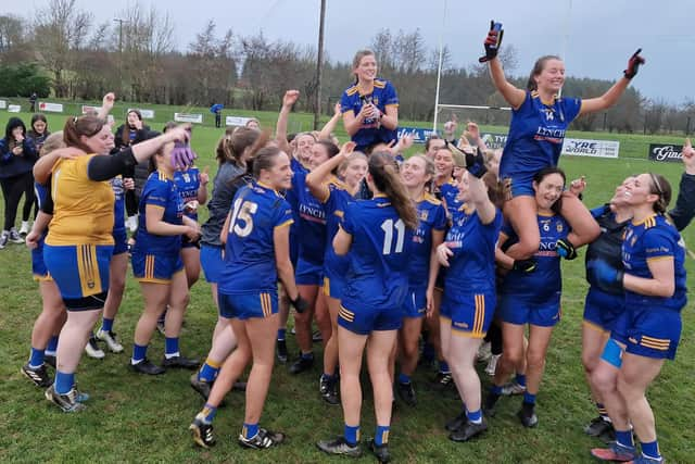 Jubilant Steelstown Brian Ogs players celebrate after winning the Ulster Intermediate football Championship in Carrickmore on Saturday.