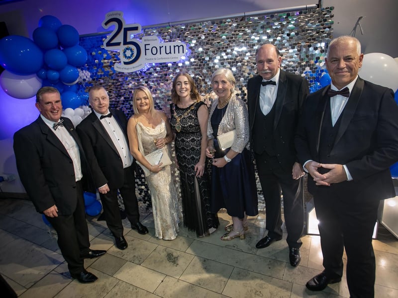 Group pictured at Friday night's 25th Anniversary Celebrations at the Millennium Forum. From left, Martin Mullan, director, Derry Theatre Trust, David McLaughlin, Chief Executive Officer, Millennium Forum, Pamela Mullan, Grace Ui Niallais, Mayor of Derry City and Strabane District Council, Shauna Kellpie, Johnny Murray and John Kelpie, Chief Executive, DCSDC. (Photos: Jim McCafferty Photography)