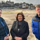 Sinn Féin's local housing spokesperson Patricia Logue (centre) with Colr. Aisling Hutton and Foyle MLA Pádraig Delargy.
