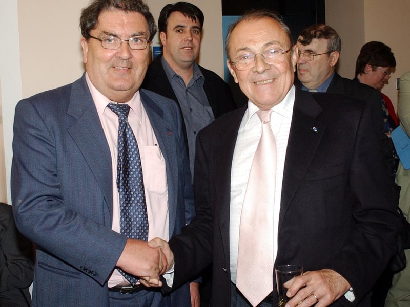 John Hume MP and MEP with former French Prime Minister Michel Rocard at the Tip O'Neill lecture at Magee.
