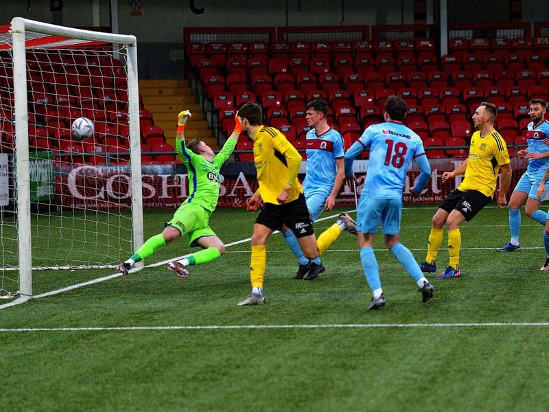 January 2023: Annagh United’s keeper Ronan Burns is beaten by Cormac Burke’s free kick to boost 'Stute's bid to climb out of the relegation play-off spot. Picture: George Sweeney.
