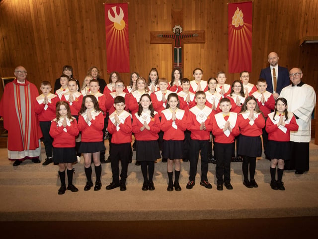STEELSTOWN PS CONFIRMATION. .Children from Mr. Feeney's class at Steelstown Primary School who received the Sacrament of Confirmaton from Monsignor  Donnelly at Our Lady of Lourdes Church, Steelstown on Tuesday evening last. Included is Fr. McDevitt,, Msgn. Donnelly. Catherine Doorish, Principal and Victoria O'Neill, Vice Principal. (Photo: Jim McCafferty Photography)