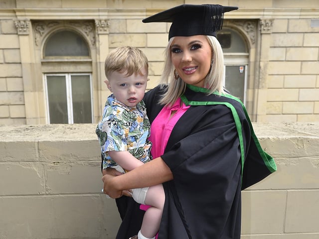 Graduate Shauna Cronyn and two year old Ben from Enniskillen. Shauna graduated in social work pictured in Derry at the Millennium Forum. Picture By: Arthur Allison/Pacemaker Press.