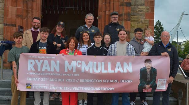 Mayor Patricia Logue pictured with singer Ryan McMullan, backing artists Cheryl Ann and TeleZura , event officials and the Starrs family who won tickets to the event at the official launch of his forthcoming gig ‘Live in the Square’, Ebrington on 25th August.  Photo: George Sweeney. DER2331GS – 67