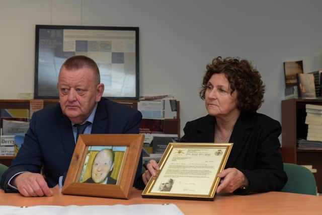 Billy McGreanery and Marjorie Roddy pictured at the Pat Finucane Centre at Ráthmór on Monday afternoon to hear if the PPS intended to prosecute the soldier who shot and killed their relative Billy McGreanery. Photo: George Sweeney