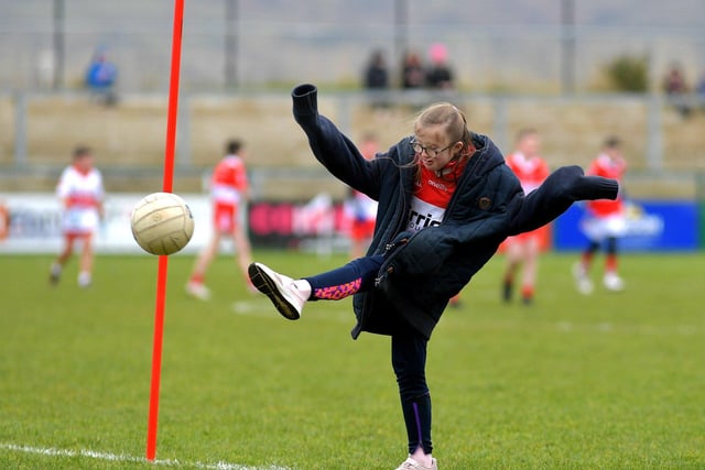 One of the children who took part in a football game during half-time at Owenbeg on Sunday afternoon. Photo: George Sweeney. DER2312GS – 31