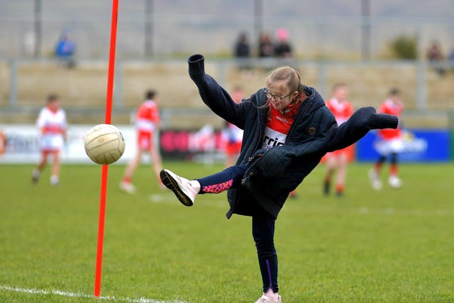 One of the children who took part in a football game during half-time at Owenbeg on Sunday afternoon.  Photo: George Sweeney. DER2312GS – 31