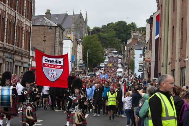 The Foyle Cup Parade 2023 makes its way down Gt. James Street, Derry. (Photo: JIm McCafferty Photography)