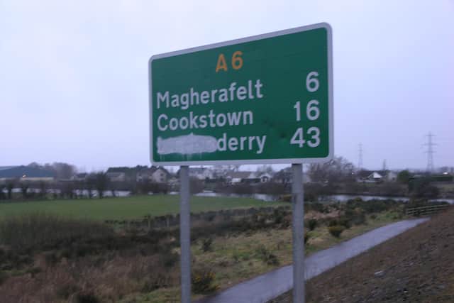 The defacement of ‘Londonderry’ roads signs was raised in Stormont this week as MLAs discussed the destruction of a bilingual street sign in East Belfast.