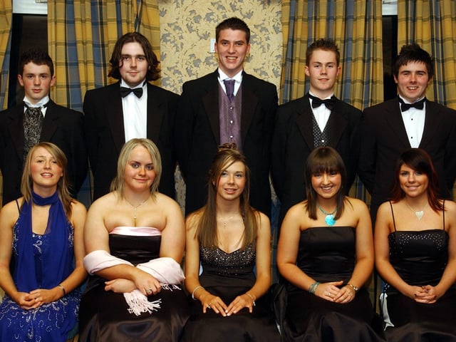 Front, from left, are Carole Neff, Caoimhe McNulty, Michelle McShane, Catriona Devine and Tara McGinley. Back, from left, are Gavin Scallon, Terry Rankin, Niall O'Kane, Robert McHugh and Michael Friel. (1611C08) : Students and their guests pictured at the St Columb's College formal back in November 2004.