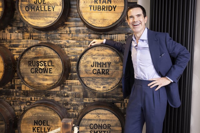 Comedian Jimmy Carr, one of a number of celebrity investors in the Muff Liquor company, visited the new Brand Home in the village of Muff in County Donegal on Saturday. Jimmy has invested in the company alongside other celebrities, including actor Russell Crowe and singers Ronan Keating and Nathan Carter. Next week Laura Bonner will travel to the United States to oversee the rollout of the brand across the US market . Photo by Joe Dunne 14/09/24FREE REPRODUCTION