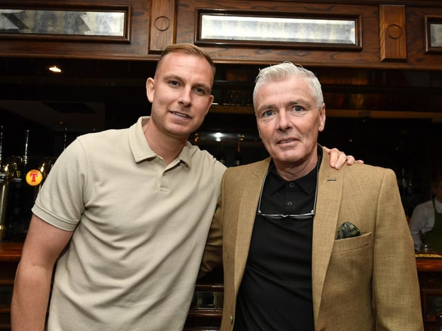 Andy Mitchell and Seamus Lynch at the Derry City FC celebration of 40 years in the League of Ireland held in the Everglades on Saturday evening. Photo: George Sweeney