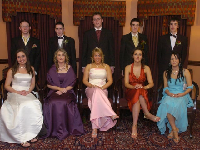 Seated, from left, Martina Moyne, Charlene Doherty, Roisin Breslin, Carolanne Doherty, and Michelle Devlin. Standing, from left, Owen McLaughlin, Patrick Doherty, Paul McNutt, John Buchanan, and Luke McCarron. (1801PG06) : Scoil Mhuire Formal  in January 2005.