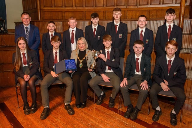 The Mayor Councillor Sandra Duffy welcomed pupils from Lisneal College to the Guildhall as she recognised the hugely successful cricket teams who claimed four trophies last season including the,Under 14 Derriaghy Cup winning team. Picture Martin McKeown. 26.01.23:.