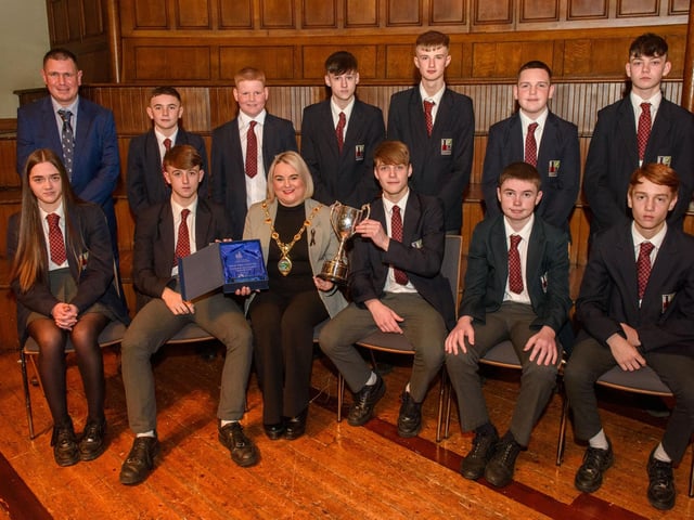 The Mayor Councillor Sandra Duffy welcomed pupils from Lisneal College to the Guildhall as she recognised the hugely successful cricket teams who claimed four trophies last season including the,Under 14 Derriaghy Cup winning team. Picture Martin McKeown. 26.01.23:.