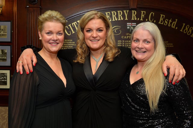 Jenny Cochrane, Diane Nixon, President of City of Derry RFC, and Ruth McFarland pictured at the  City of Derry Rugby Club's annual dinner on Friday evening last. Photo: George Sweeney. DER2310GS – 31