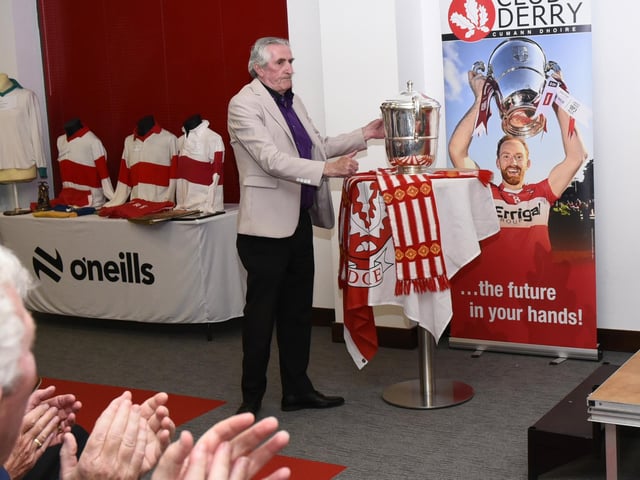Captain of the 1975 & 1976 Ulster winning teams, Peter Stevenson, gets a standing ovation at Find Insurance Owenbeg on Friday.