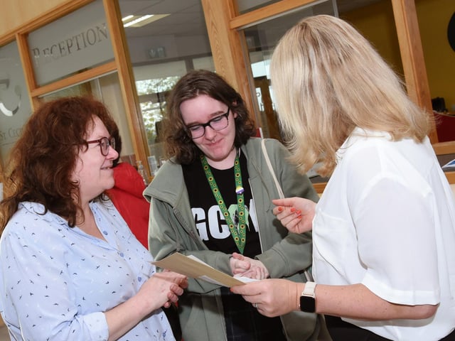 Pupils and staff at St. Cecilia's College as the GCSE results were announced on Thursday.