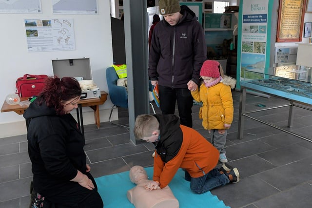 People of all ages participated in the Irish Red Cross’s CPR First Aid demonstration at the Emergency Services Showcase held at Fort Dunree, Inishowen, on Sunday. Photo: George Sweeney