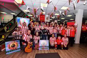 Group pictured at the launch of the Drive 105 and O’Nellls ‘Big Send off for FAI Cup finalists Derry City’. Included in the photograph are Bishop Donal McKeown, Martin Mullan,  Anna Doherty, Chief Executive, Londonderry Chamber, Steve Bradley, Into the West, local councillors, fans, Drive 105’s Noel Moore and Caroline Ryan, manager of O’Neills Sports store. Photo: George Sweeney