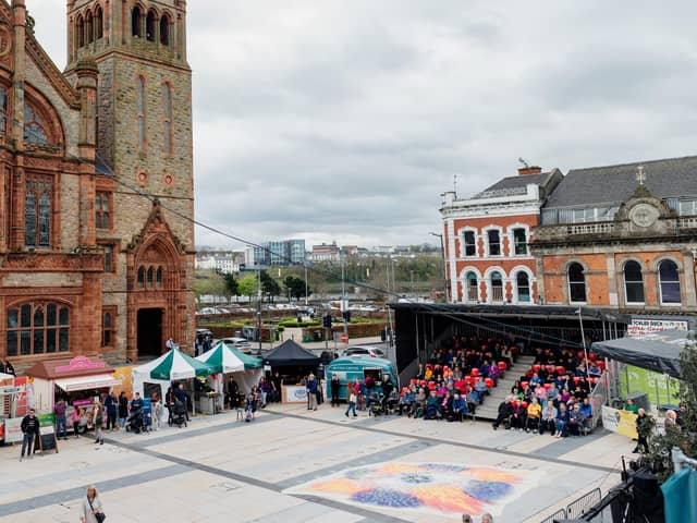 The scene at Guildhall Square during the Walled City Passion in 2022.