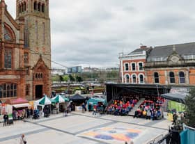 The scene at Guildhall Square during the Walled City Passion in 2022.