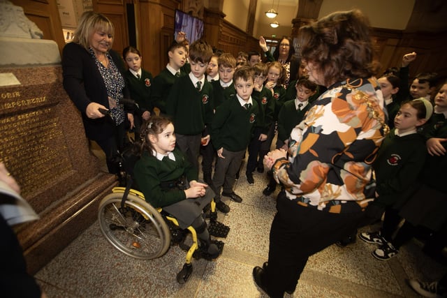 Pupils from Greenhaw Primary School meet the Mayor Patricia Logue in the Guildhall.
