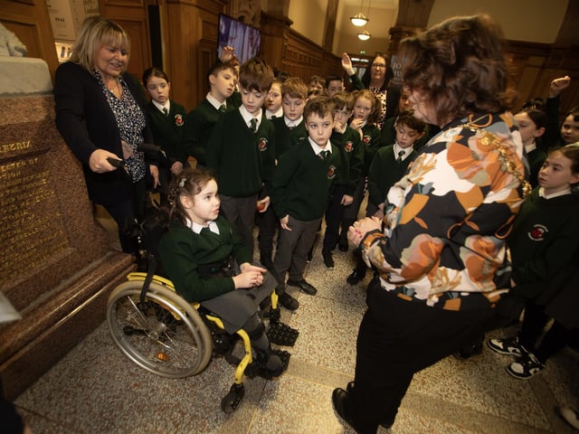 Pupils from Greenhaw Primary School meet the Mayor Patricia Logue in the Guildhall.