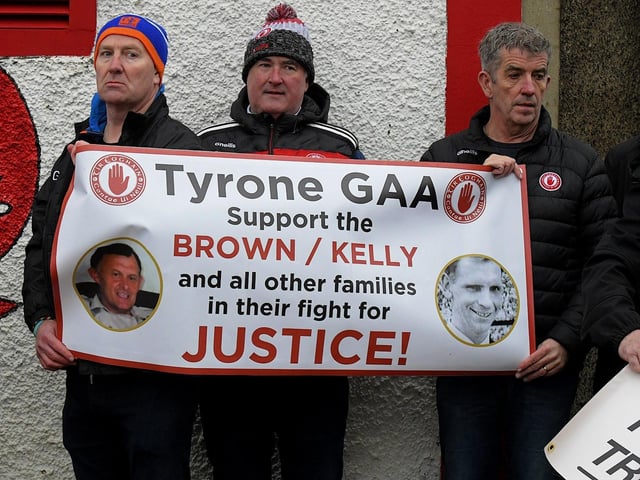 Relatives and supporters march from Free Derry Wall to Celtic Park, on Sunday afternoon, to protest against the British Government’s Legacy Bill’s lack of investigation into the deaths of Sean Brown and Patrick Kelly. Photo: George Sweeney