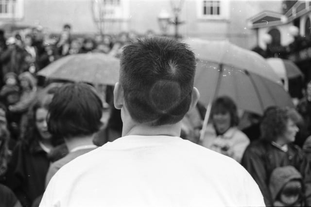 A very festive haircut at the 1993 Buncrana St. Patrick's Day parade.