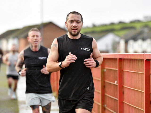 Competitor takes part in the Maiden City Hyrox V Fitness Challenge held at Sean Dolans GAC on Saturday. Photograph: George Sweeney