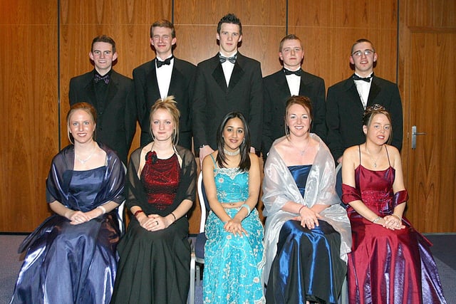 From left (seated), Lauren Rutherford,  Lucy Quinn, Sona Sharma, Emma Quigley and Roisin Doherty.  Back row, Ian Mills, Angus Mayne, David Duffy, Kevin Healy and Gavin Daly. (0402T13).