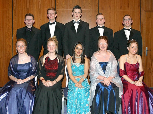 From left (seated), Lauren Rutherford,  Lucy Quinn, Sona Sharma, Emma Quigley and Roisin Doherty.  Back row, Ian Mills, Angus Mayne, David Duffy, Kevin Healy and Gavin Daly. (0402T13).