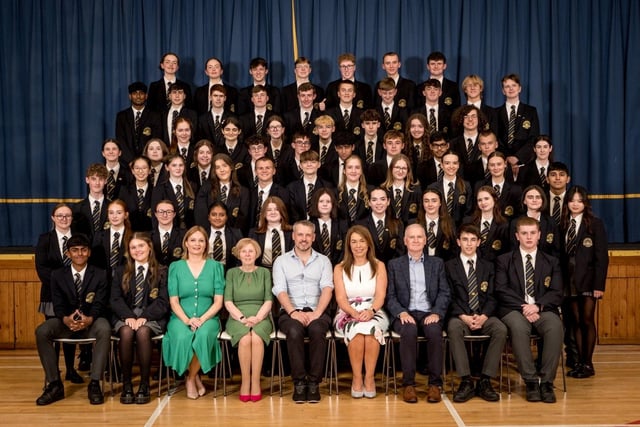 Top GCSE Results: Pupils who achieved 7 A grades or more in their GCSE examinations with Ms Catherine Hughes (Head of Year), Dr Marie Ferris (Vice Principal), Mr Conor Mc Kinney (Guest Speaker), Mrs Siobhan McCauley (Principal), Mr Noel McCaul (Board of Governors).