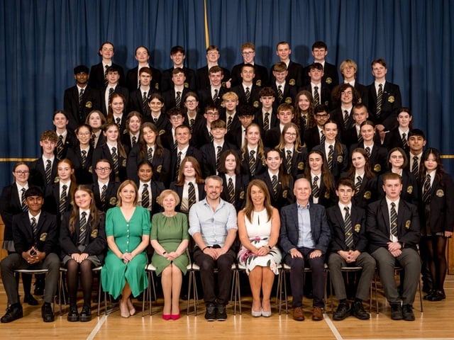 Top GCSE Results: Pupils who achieved 7 A grades or more in their GCSE examinations with Ms Catherine Hughes (Head of Year), Dr Marie Ferris (Vice Principal), Mr Conor Mc Kinney (Guest Speaker), Mrs Siobhan McCauley (Principal), Mr Noel McCaul (Board of Governors).