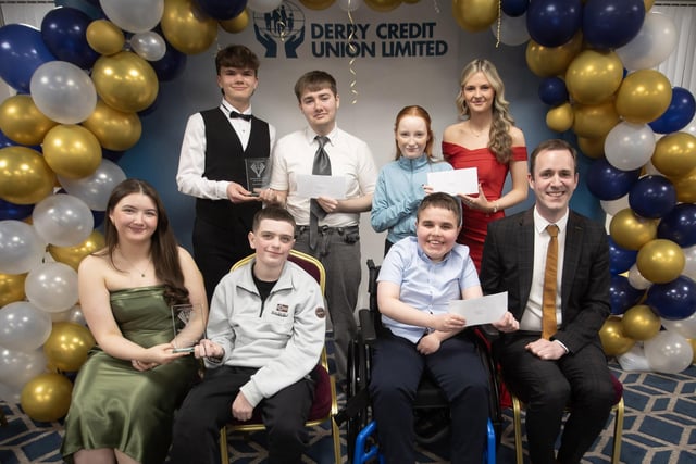 Derry Credit Union's Annual Young People's Awards 2025 winners receiving their prizes at the Waterfoot Hotel on Monday evening last from Owen McColgan, Keynote Speaker, and Youth Committee members Sarah Lindsay, Owen Donaghey and Sarah Doherty. (Photos: Jim McCafferty Photography)