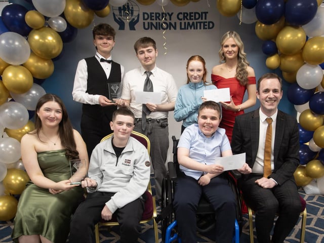 Derry Credit Union's Annual Young People's Awards 2025 winners receiving their prizes at the Waterfoot Hotel on Monday evening last from Owen McColgan, Keynote Speaker, and Youth Committee members Sarah Lindsay, Owen Donaghey and Sarah Doherty. (Photos: Jim McCafferty Photography)
